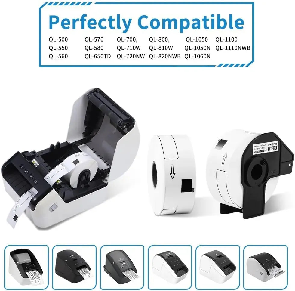 Compatible label tape roll for Brother QL printers, showing label cartridge and tape