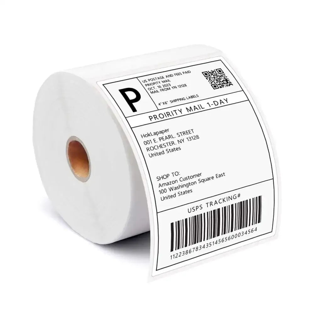 White thermal shipping label jumbo roll with printed barcode and QR code