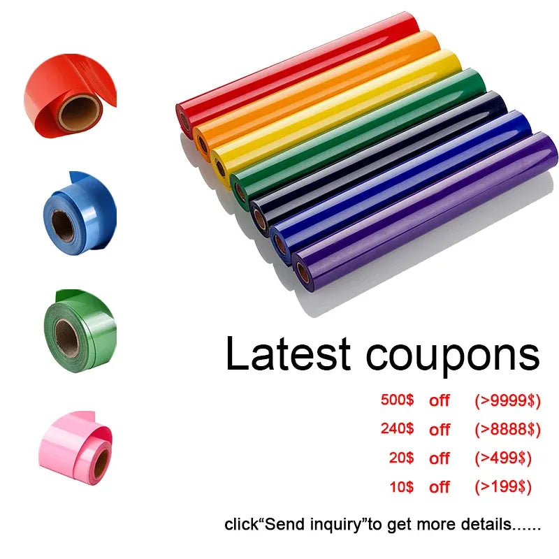 Colorful heat transfer vinyl rolls with small cut samples, stacked for viewing