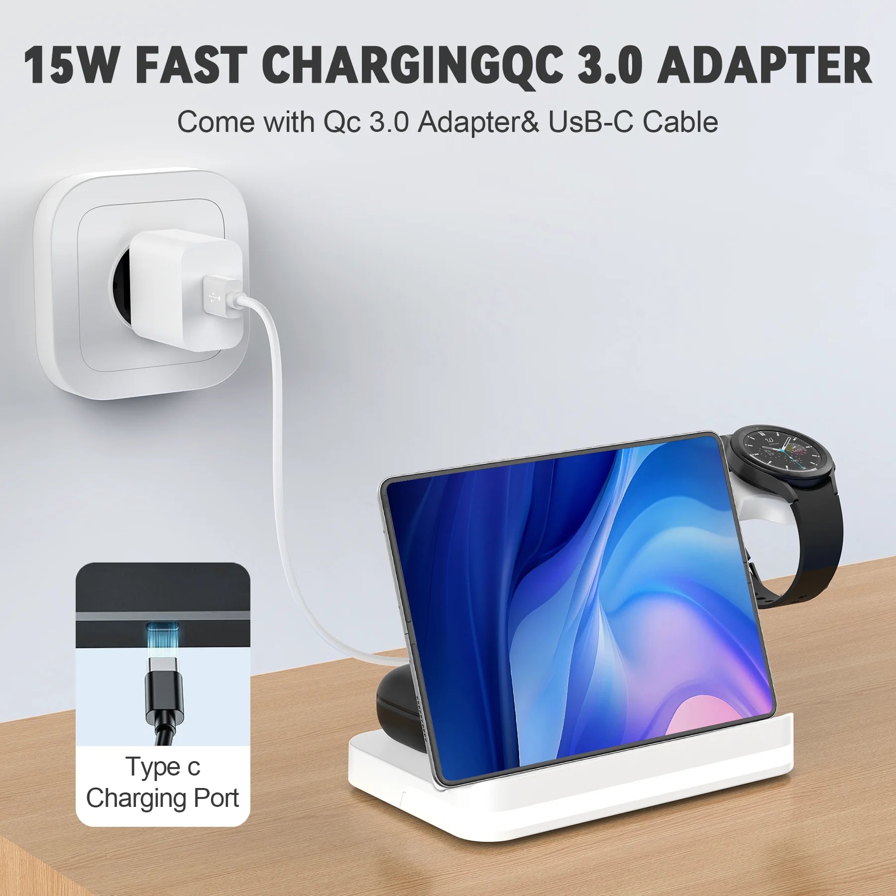 Power bank charger-2024 3-in-1 Wireless Charger Station 15W Fast Charging Magnetic Stand Smartphones Tablets Headphones Watches (QC3.0 Compatible) Tidesmit