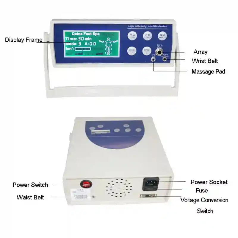 Ionic detox foot spa machine with digital display, acupuncture pads, and control panel for home health care treatment.
