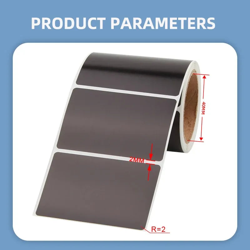 Black thermal label roll shown with red measurement markers on the backing