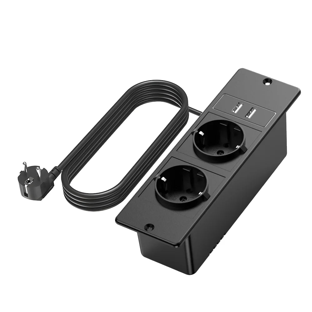 Recessed Power Strip Wall Mount Furniture Hidden Charging Station Desk Outlet Two USB a Power Socket for Office Industrial Home 2*USB-A+2*Socket 1 EU Tidesmit