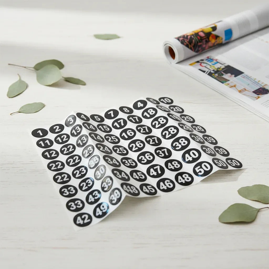 Numbered circle sticker sheets, self-adhesive labels with black background and white 1–50
