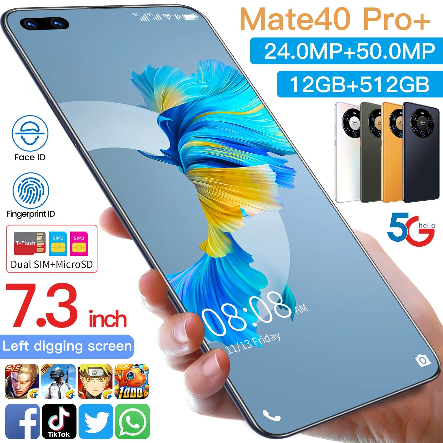 Hot Selling Mate 40 Pro+ Mate 60 12gb+512gb 7.3 Inch Full Display Android 10.0 Mobile Cell Smart Phone - Tidesmit