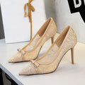 2026 New Model Formal Slip-On High Heel Womens Shoes with Bow Glitter Lace Solid Pattern Pointed Toe Low-Cut Thin Heel