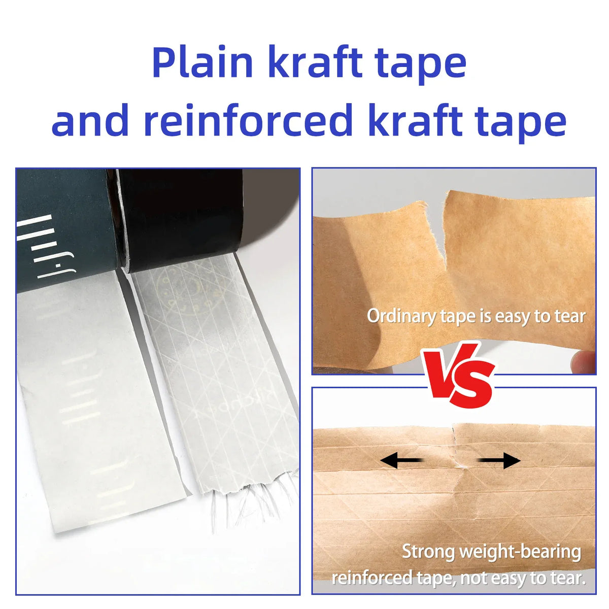 Kraft tape strips on display, comparing plain and reinforced tear resistance