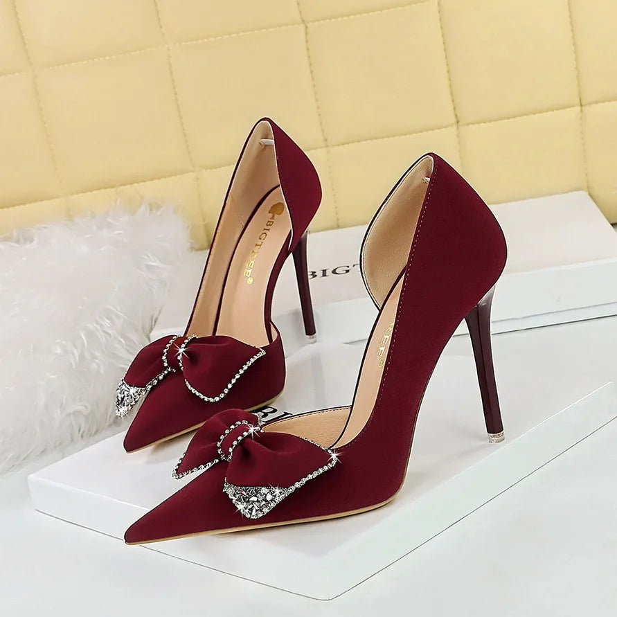 2026 New Water Crystal Bow Tie Womens Formal Solid Slip-On Thin Heels Party Professional High Heels