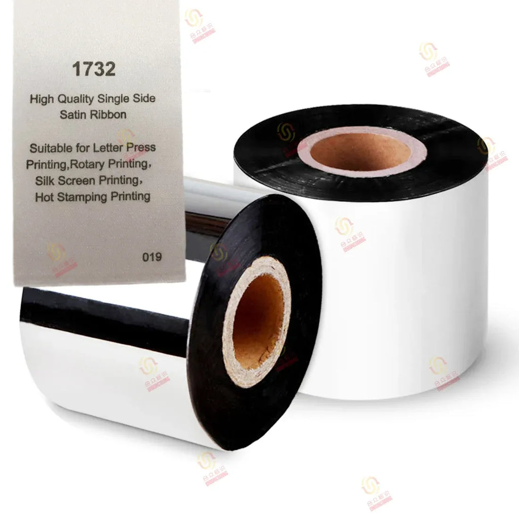 Satin thermal transfer resin ribbon roll with product info card, black ribbon core