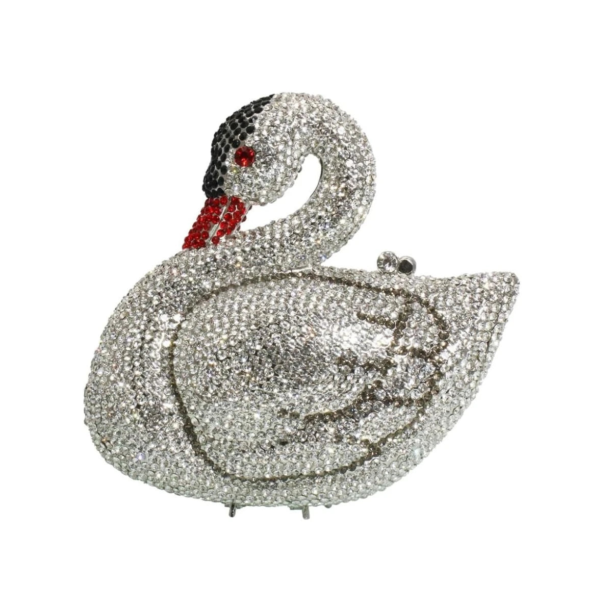 Luxury crystal swan evening clutch, designer handbag covered in clear, black, and red rhinestones for formal events.