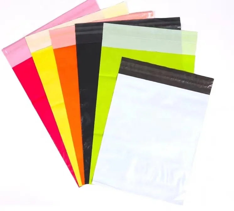 Colored poly self-seal shipping mailers, multiple shades shown together