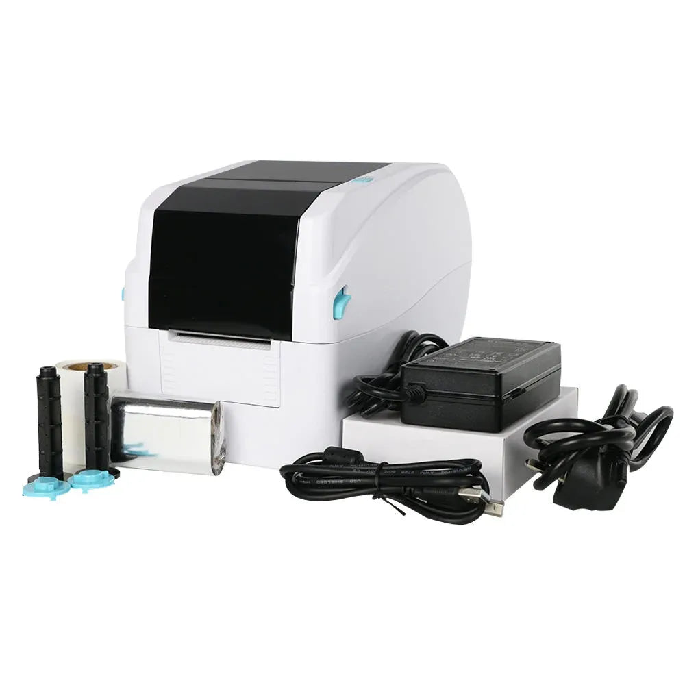White label printer with included power adapter and connectivity cables