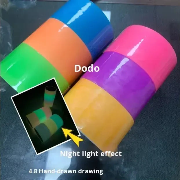 Neon glow tape rolls in green, orange, blue, purple, and pink with bright highlights