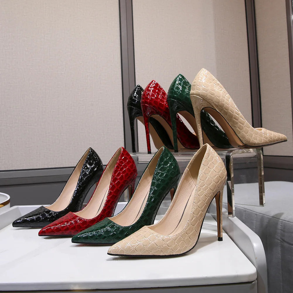 Sizes 46 Classic Style Women Patent Pointed Toe Slip on 12cm High Heel Shoes Elegant Ladies Plain Stiletto Pumps Black Red Green