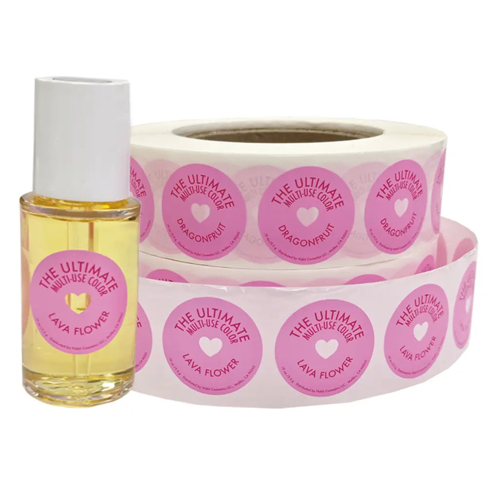 Round pink adhesive label sticker roll with “THE ULTIMATE MULTI-USE” circular logo