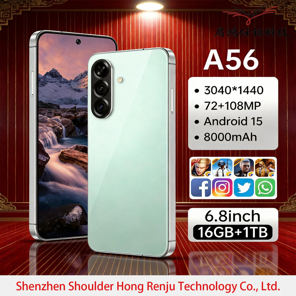 A56 5G smartphone with 16GB RAM 1TB storage 108MP camera and 7.3 inch full screen display