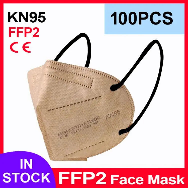 Beige 5-layer KN95 FFP2 face mask with black ear loops and textured protective fabric, 100-pack box, CE certified.