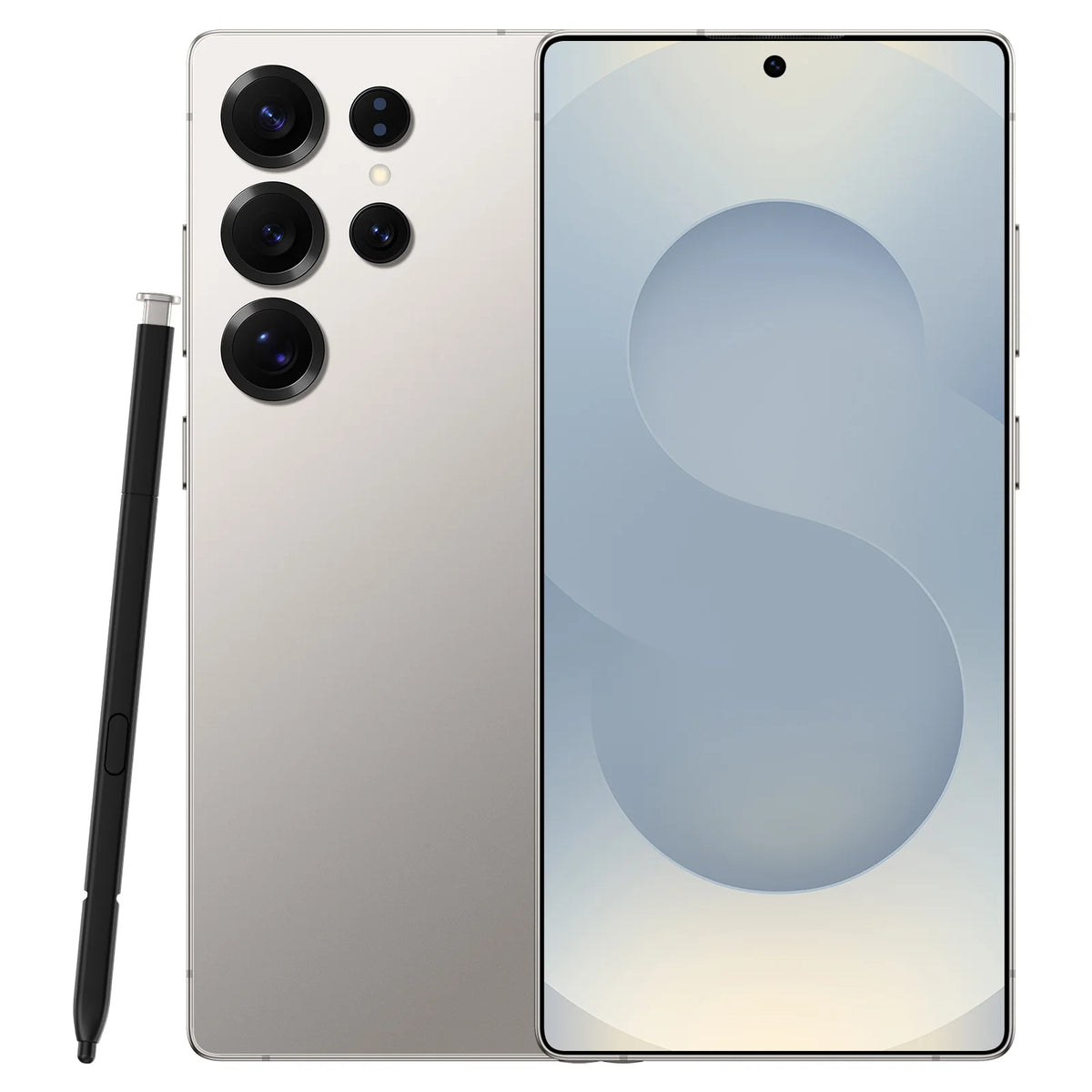 S25 Ultra smartphone, white back and cool gray front display with oval pattern