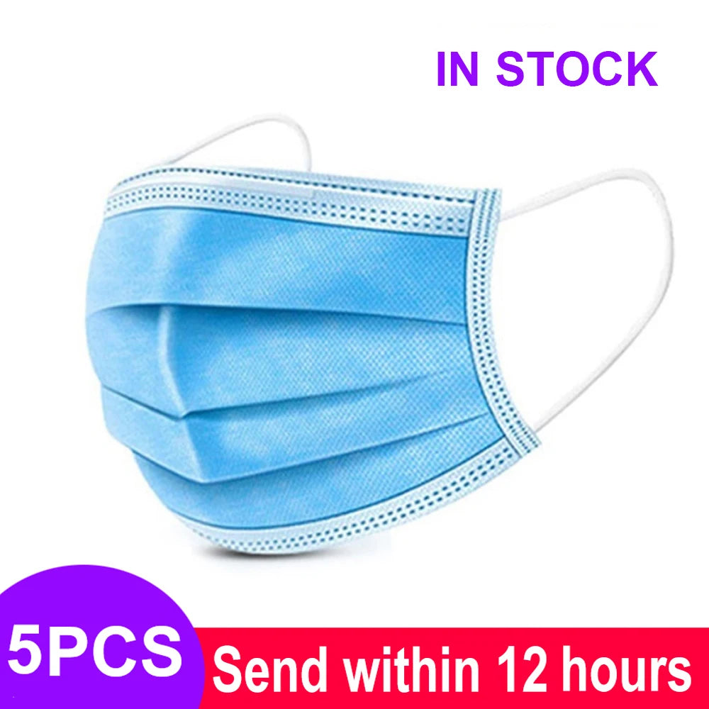 Blue 3-layer disposable face mask with meltblown cloth, pleated texture, and elastic ear loops for anti-dust protection.