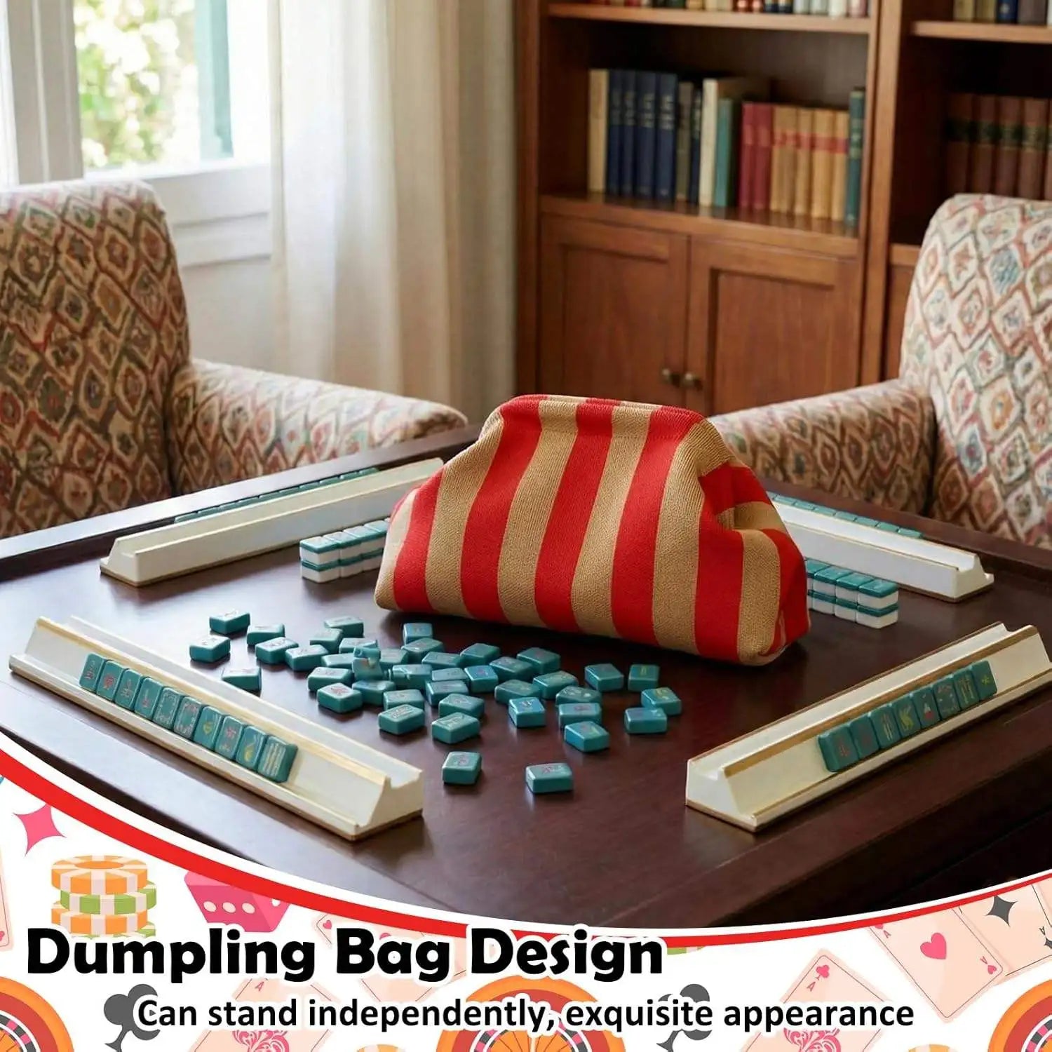 Red and beige striped canvas dumpling-style Mahjong tile storage bag on a wooden table with game pieces.