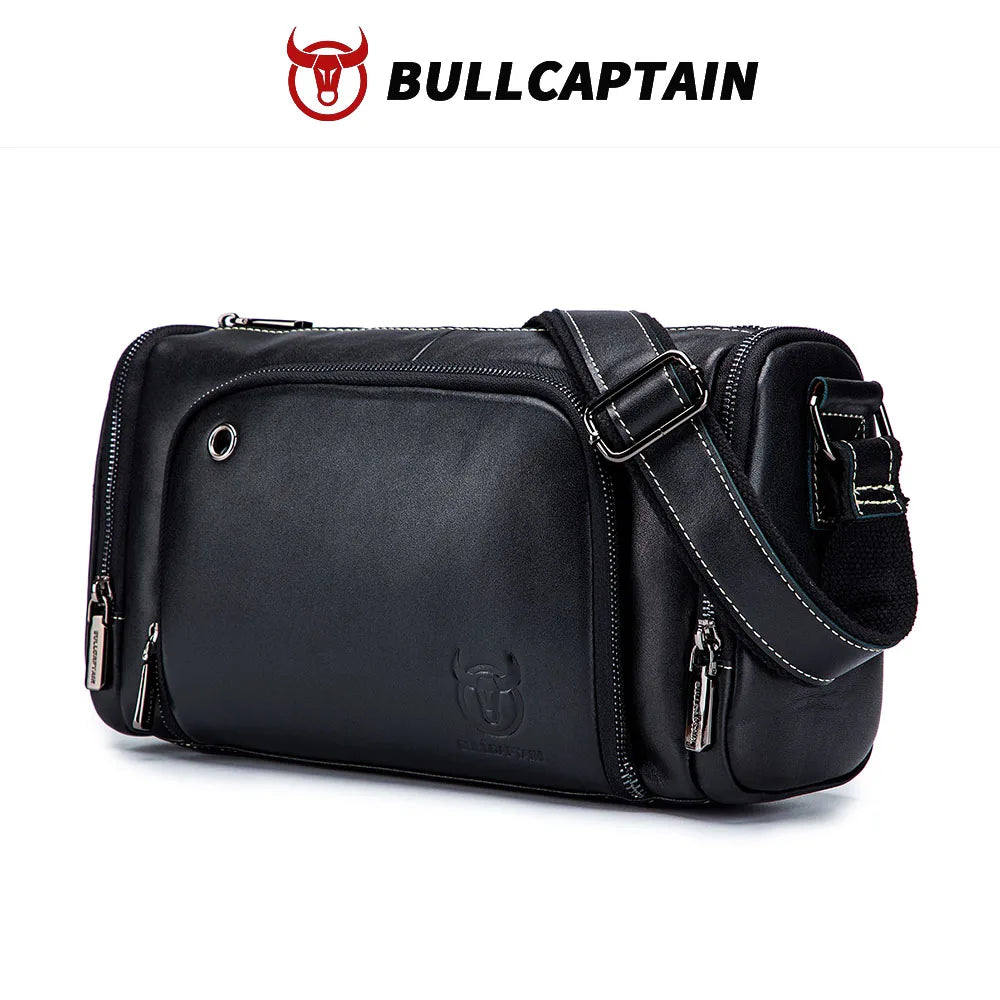 Black BULLCAPTAIN cowhide leather trunk messenger bag, crossbody style with metal zippers and adjustable strap.