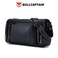 Black BULLCAPTAIN cowhide leather trunk messenger bag, crossbody style with metal zippers and adjustable strap.