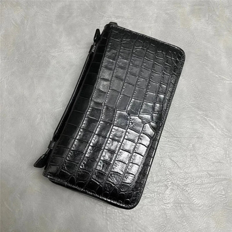 Authentic Crocodile Belly Skin Male Large ZIP Card Purse Genuine Exotic Alligator Leather Businessmen Small Black Clutch Bag