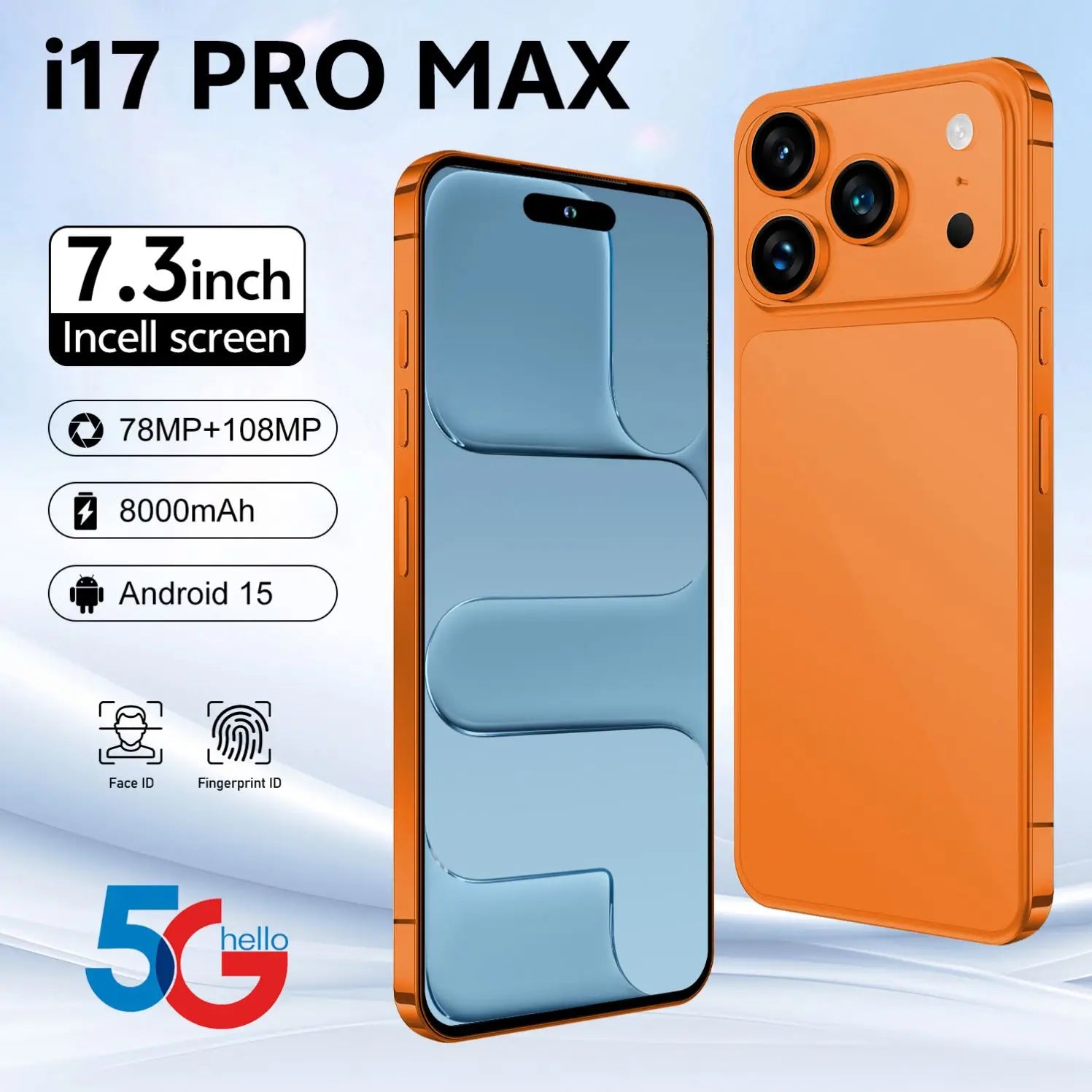 Side view of 2026 Model 17 Pro Max 5G smartphone showing sleek design and large 6.9 inch display screen