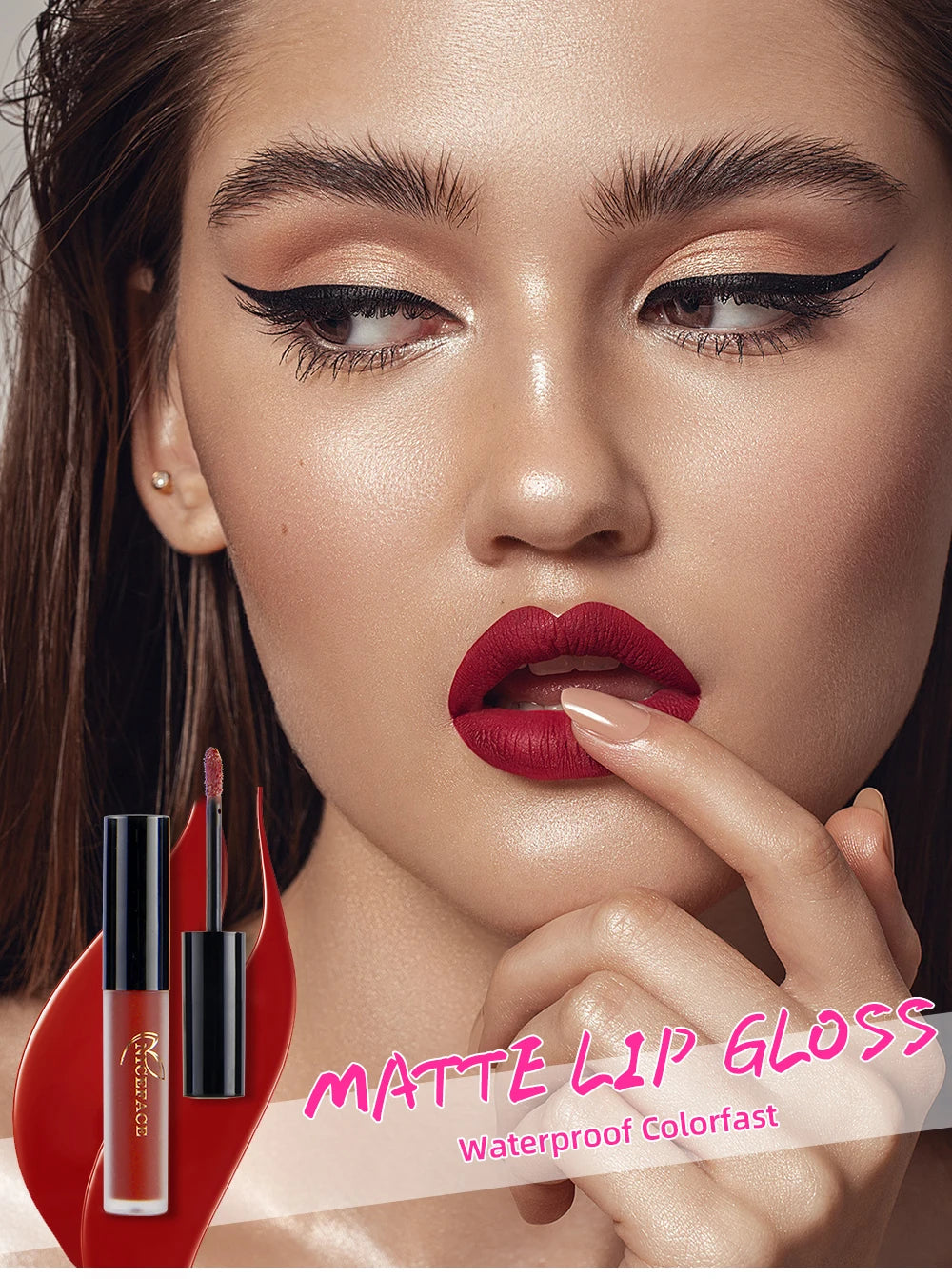NICEFACE waterproof velvet matte liquid lipstick in bold red, long-lasting color for a smooth, high-pigment lip finish.