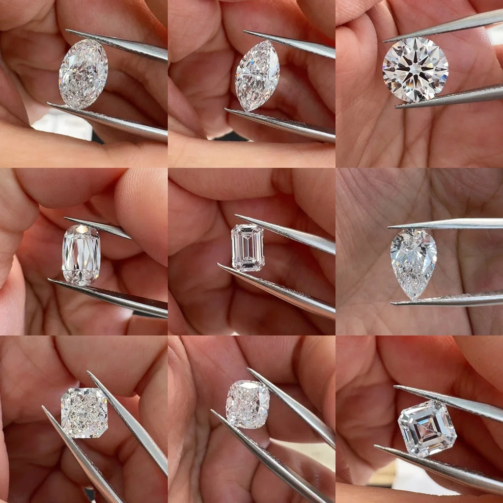 Assorted cut lab-grown diamonds on metal tweezers, including round and emerald shapes