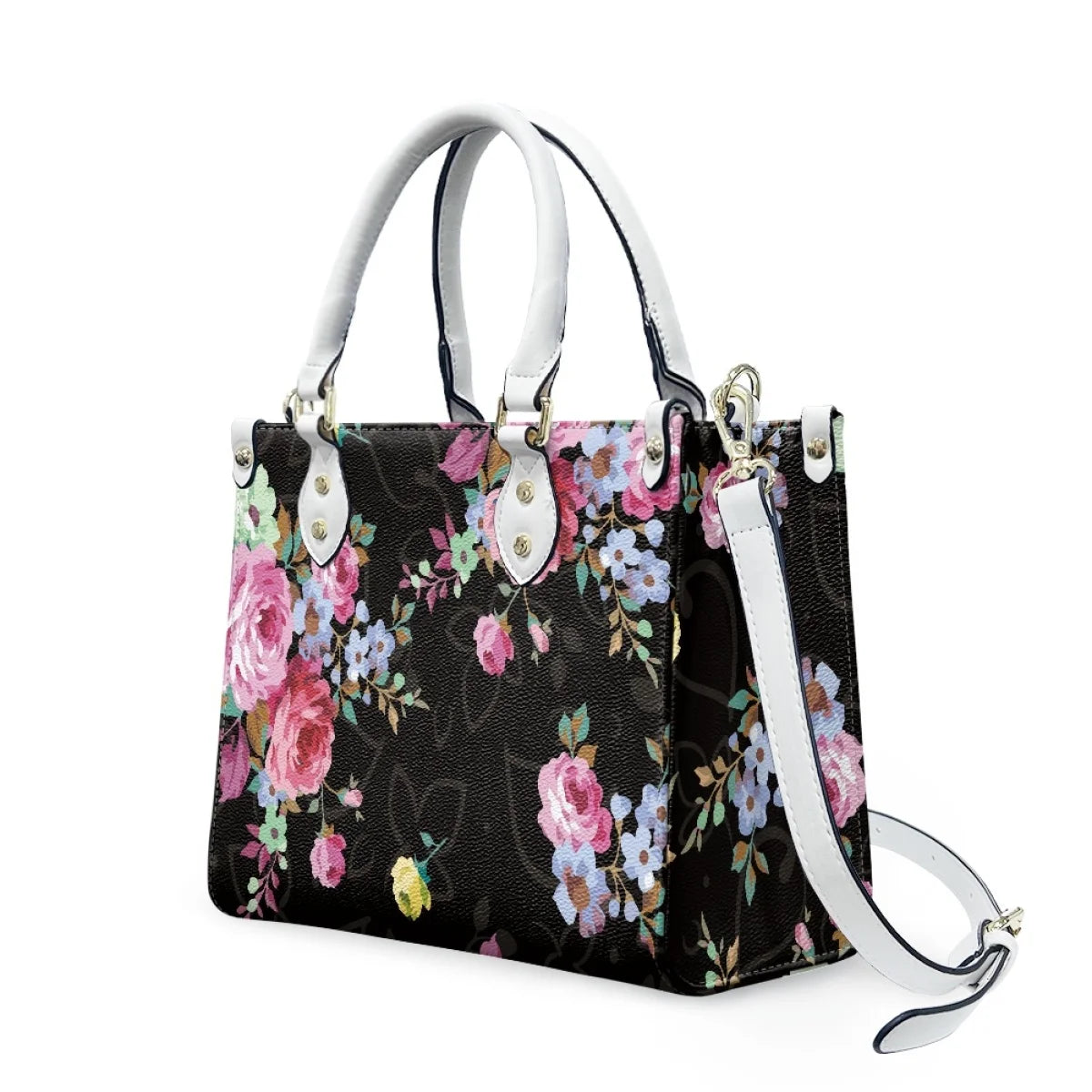 Black leather handbag with floral print, white handles, shoulder strap, and Polynesian-style trunk aesthetic.