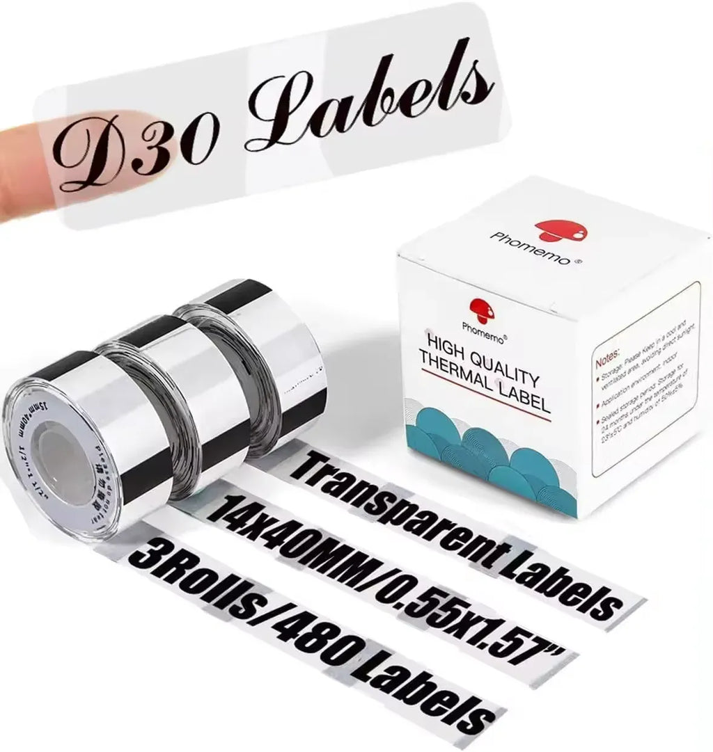 Transparent thermal label tape 3-roll pack with clear tape roll and boxed labels