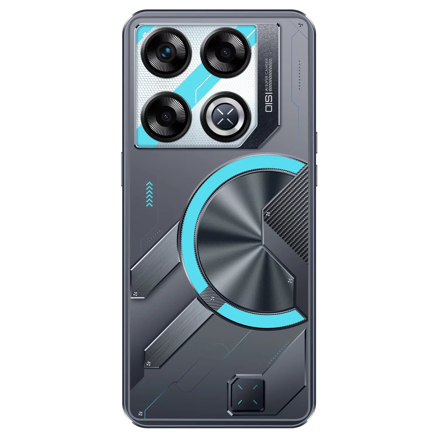 Blue smartphone back with teal accents, triple rear cameras, and circular module