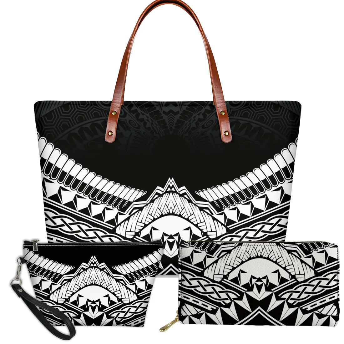 3-piece black and white Polynesian tribal print handbag set featuring turtle motifs and brown leather straps.