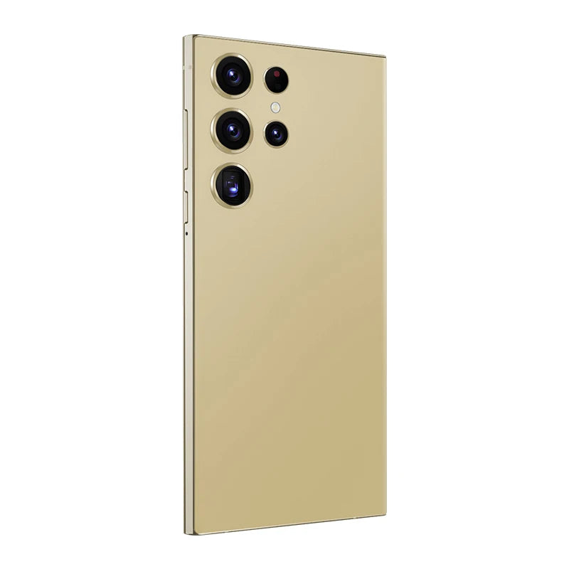 Gold smartphone with quad rear cameras and metal frame