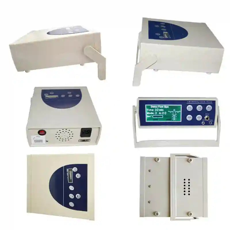 Ionic detox foot spa machine with digital display, control buttons, and acupuncture pads for home health care.