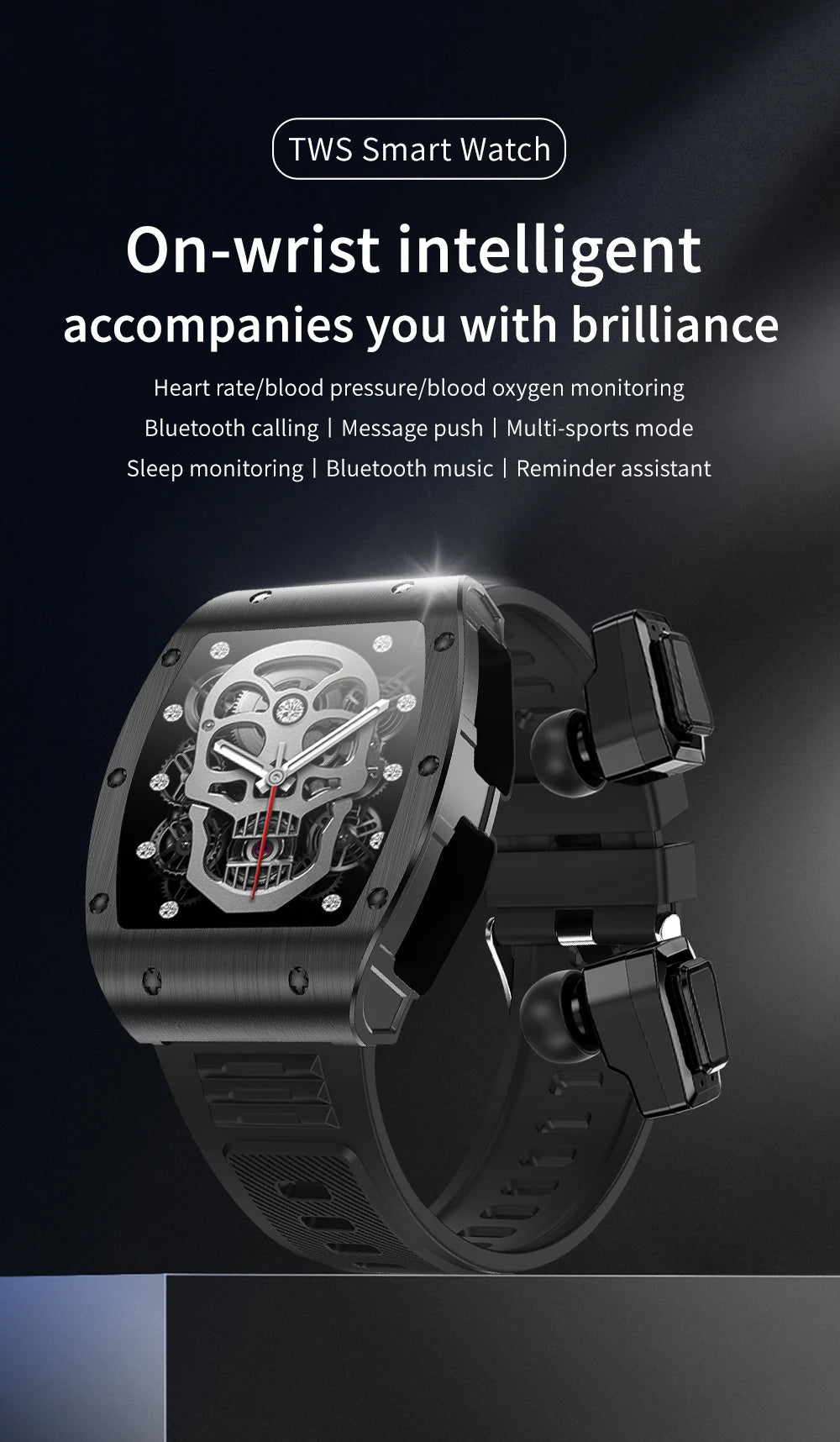 Jm09 2-in-1 TWS Smart Watch Wireless Earphones IP67 Waterproof Blood Oxygen Monitor Compass for Men's Sports Smartwatch Earbuds Tidesmit