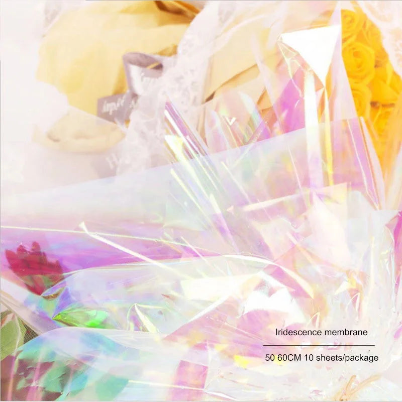 Iridescent holographic wrapping sheet with multicolor rainbow sheen, close-up
