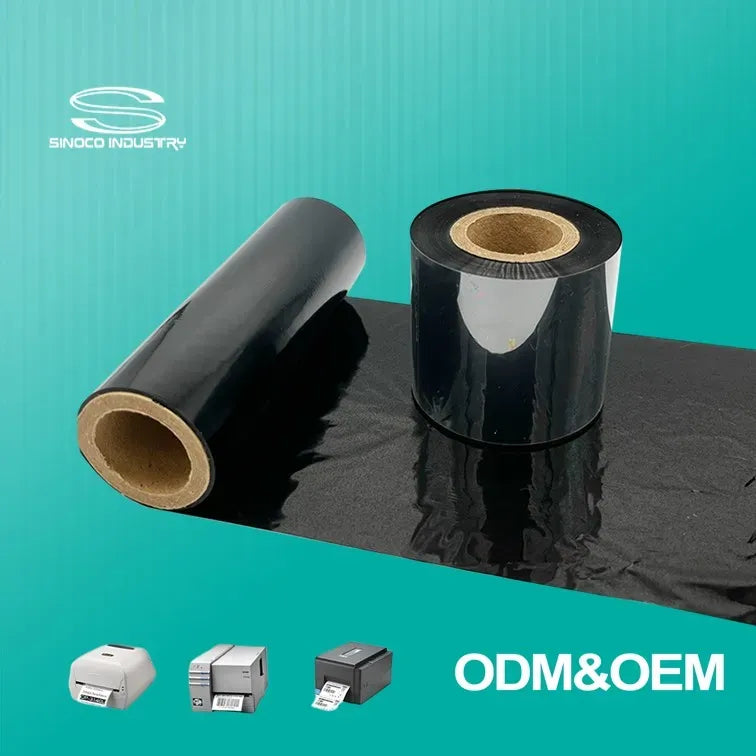 Black wax thermal transfer ribbon rolls with cardboard cores, side view