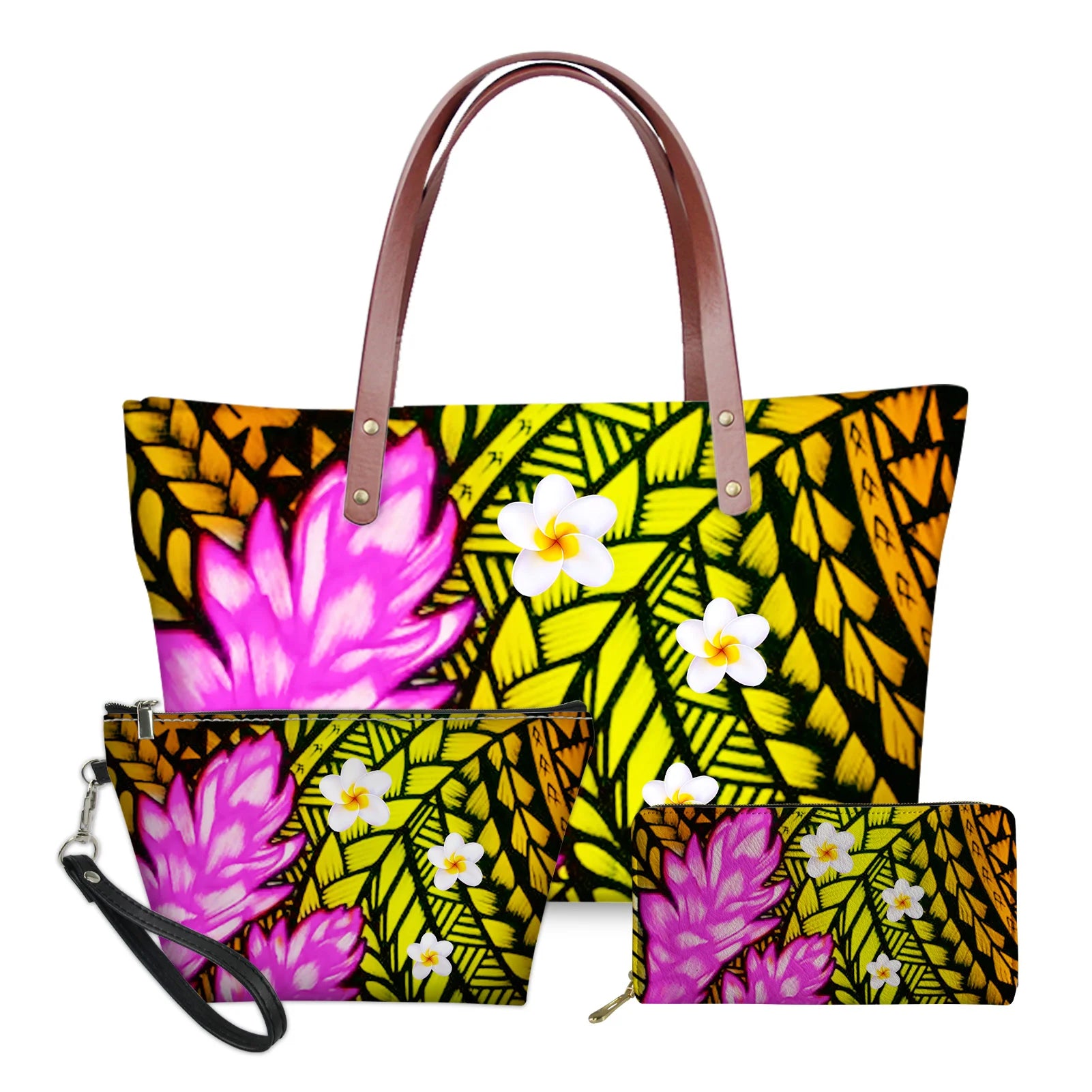 3-piece handbag set featuring traditional yellow and black Polynesian tribal print, pink floral, and plumeria motifs.