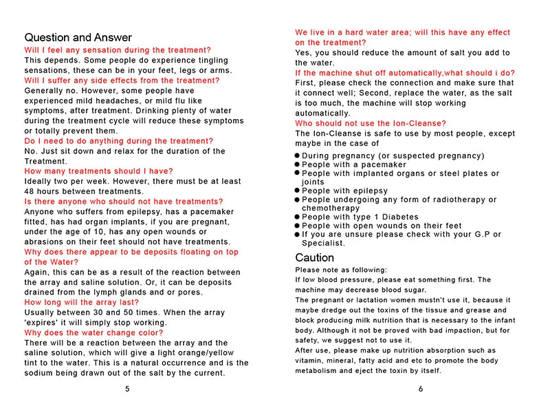 Ionic detox foot spa machine instruction manual FAQ page covering usage, safety, and health benefits for home therapy.