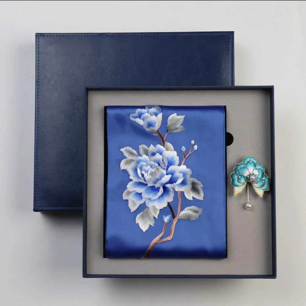 Classic Oriental Gift Set: Embroidered Silk Scarf with Brooch