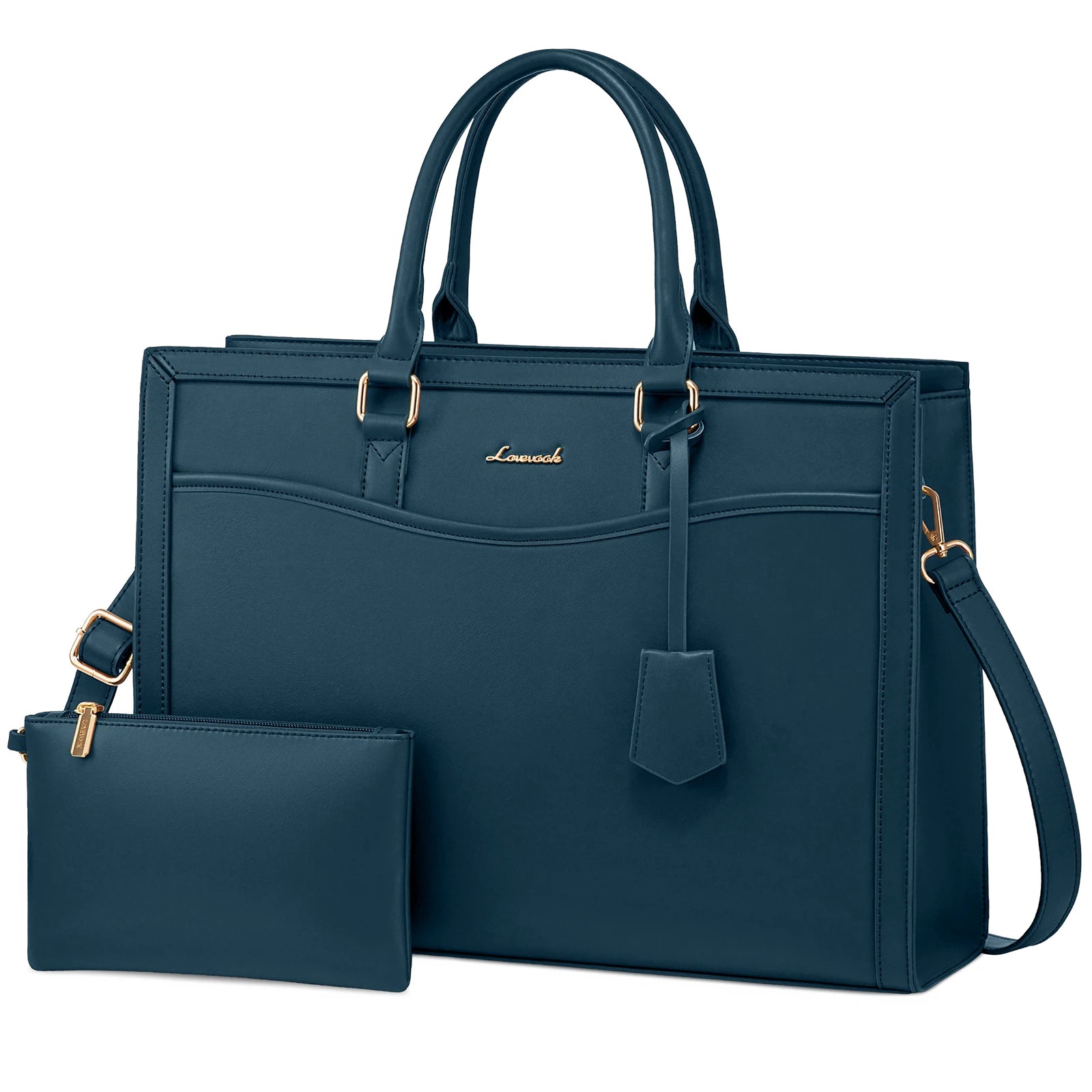 LOVEVOOK dark blue leather designer laptop tote bag with matching pouch, gold hardware, and top handles.