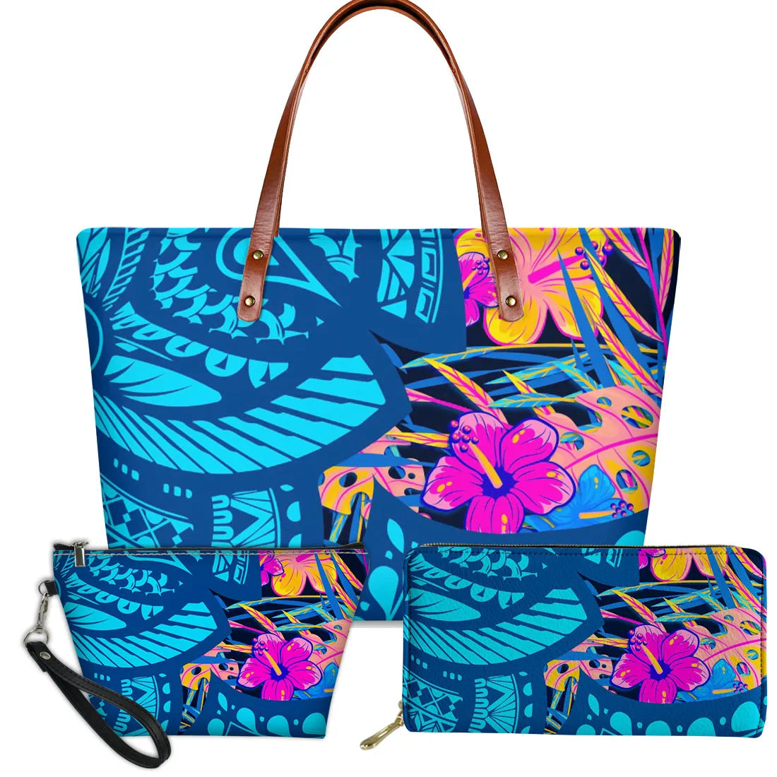3-piece handbag set with blue Polynesian tribal print, vibrant tropical hibiscus flowers, and brown leather handles.