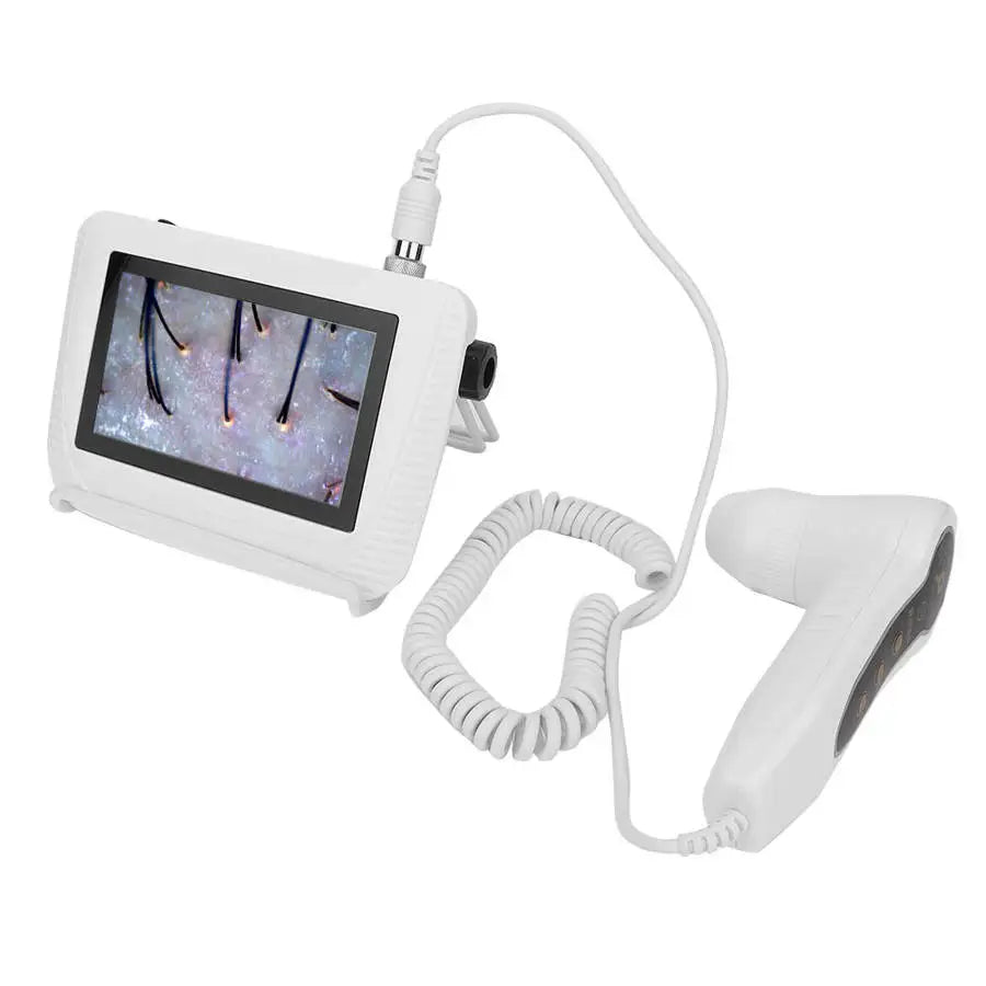 White digital skin and hair follicle analyzer with screen showing magnified scalp, oil, and moisture details.
