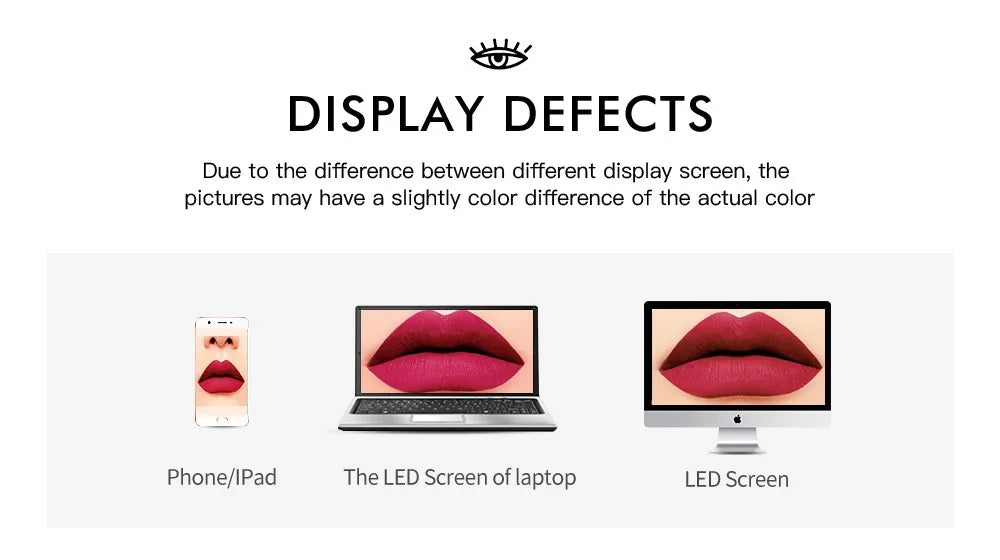 NICEFACE velvet matte liquid lipstick in deep nude red shown on various digital screens to illustrate color variance.
