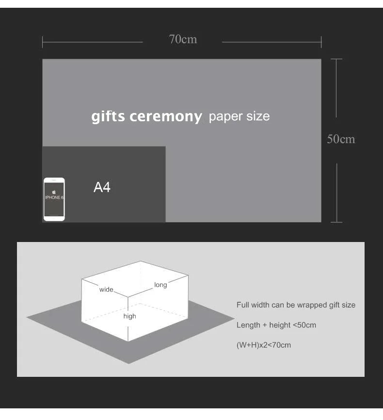 Gift wrapping paper size diagram showing 70 cm by 50 cm dimensions and folding guide