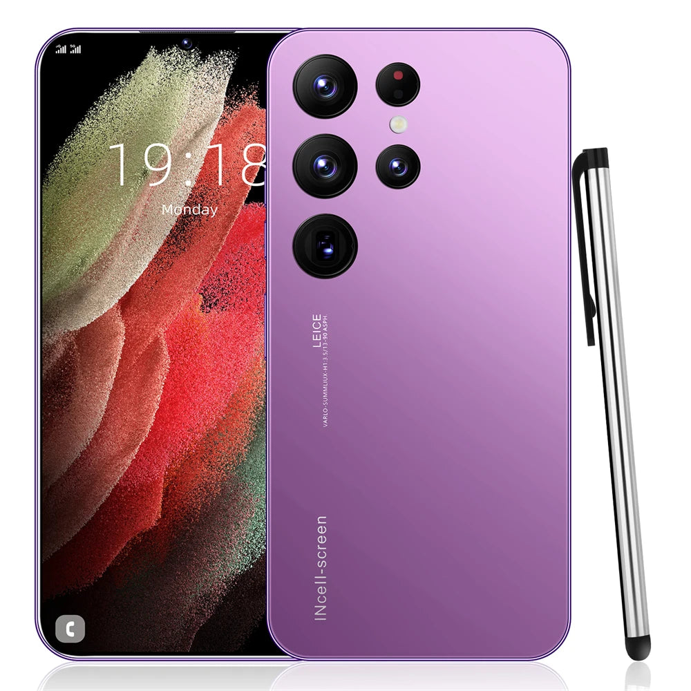Purple smartphone with rear camera array and stylus beside the phone