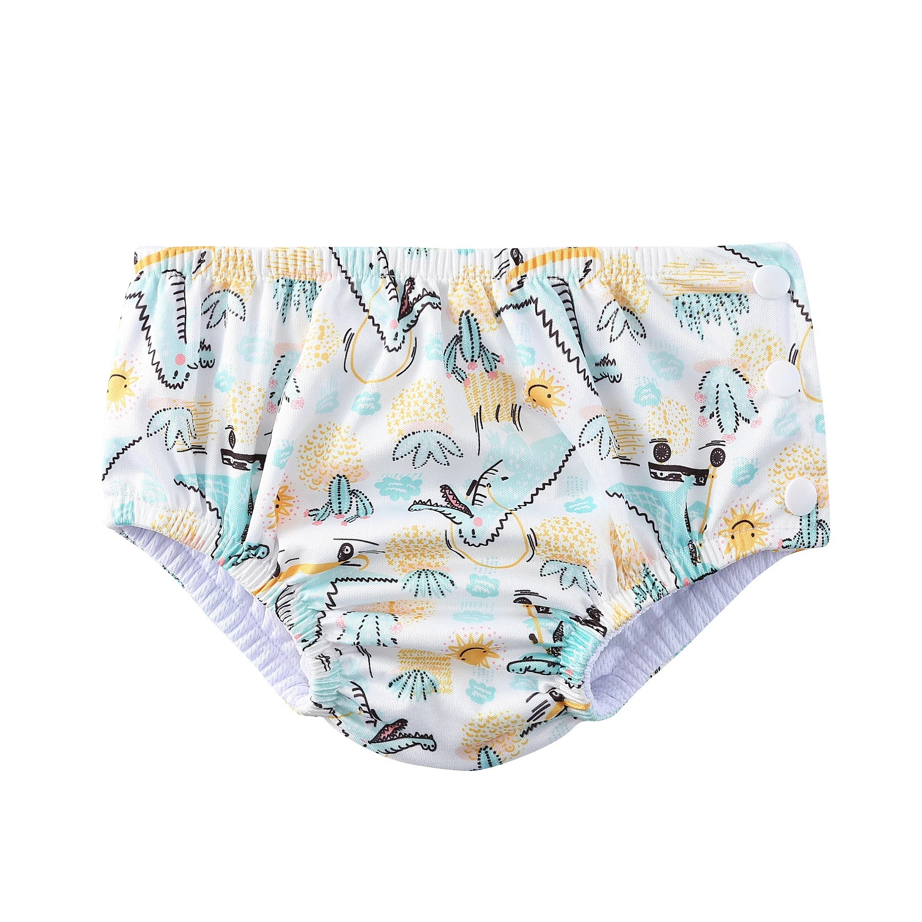 Reusable baby swim diaper with side snaps, featuring a white cactus and sun print.
