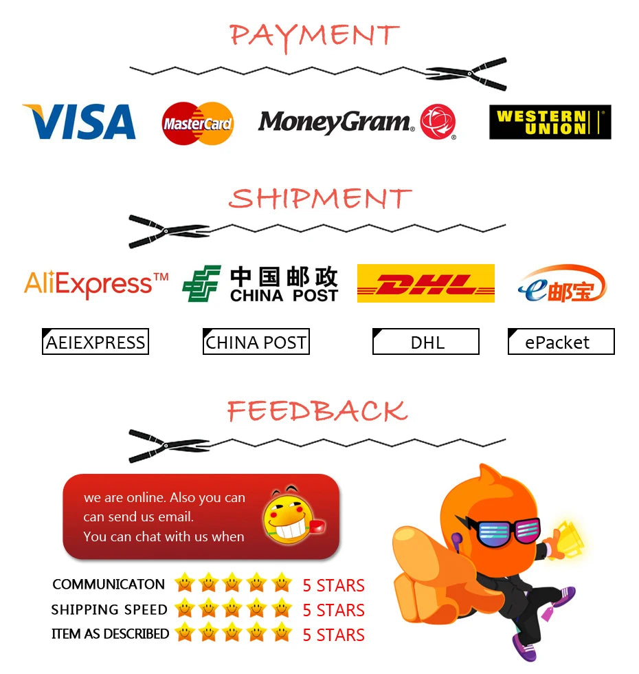 Informational graphic showing payment methods, shipping providers, and customer service contact details.